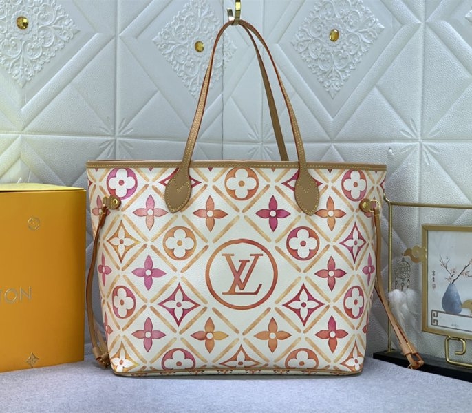 L0vis Vvtt0n LV By The Pool Monogram Tiles Canvas Neverfull MM Tote In Coral