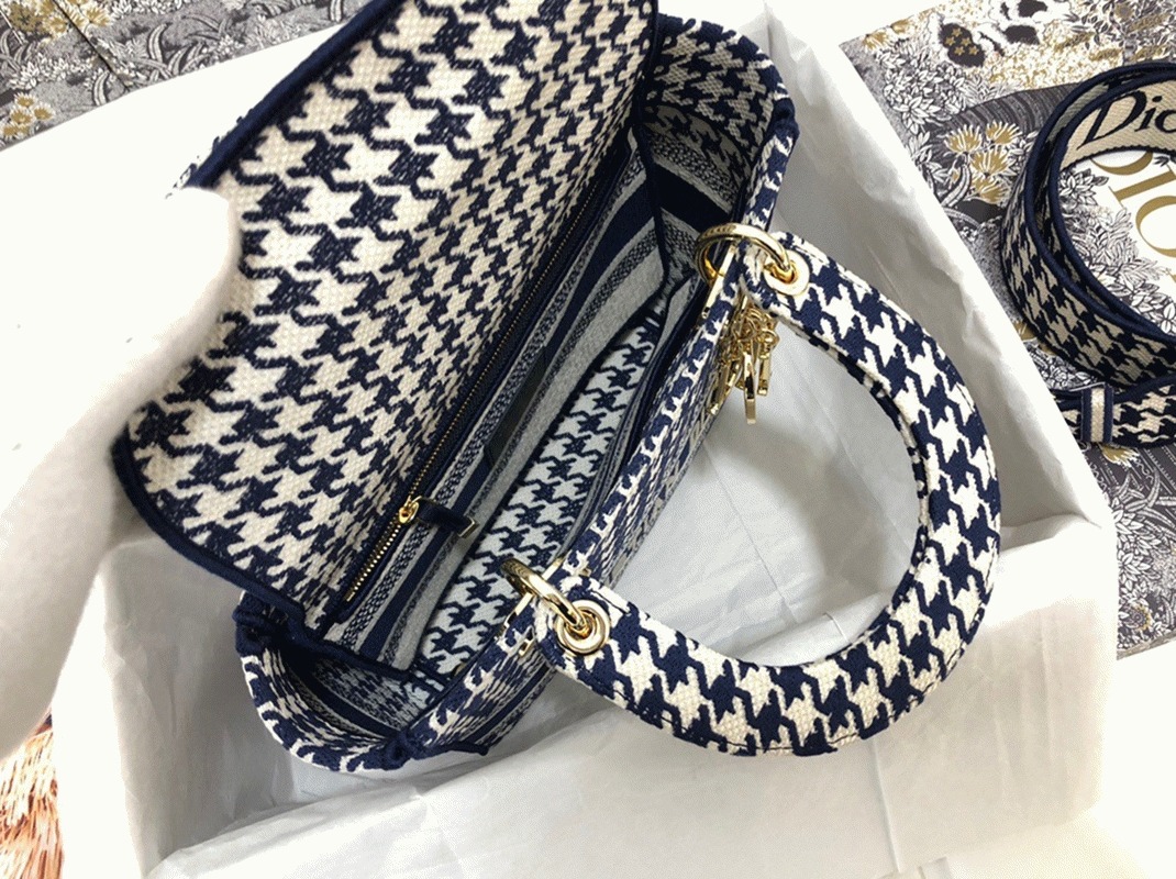 D10r Lady D-Lite Medium Bag Replica in Black White Houndstooth Embroidery