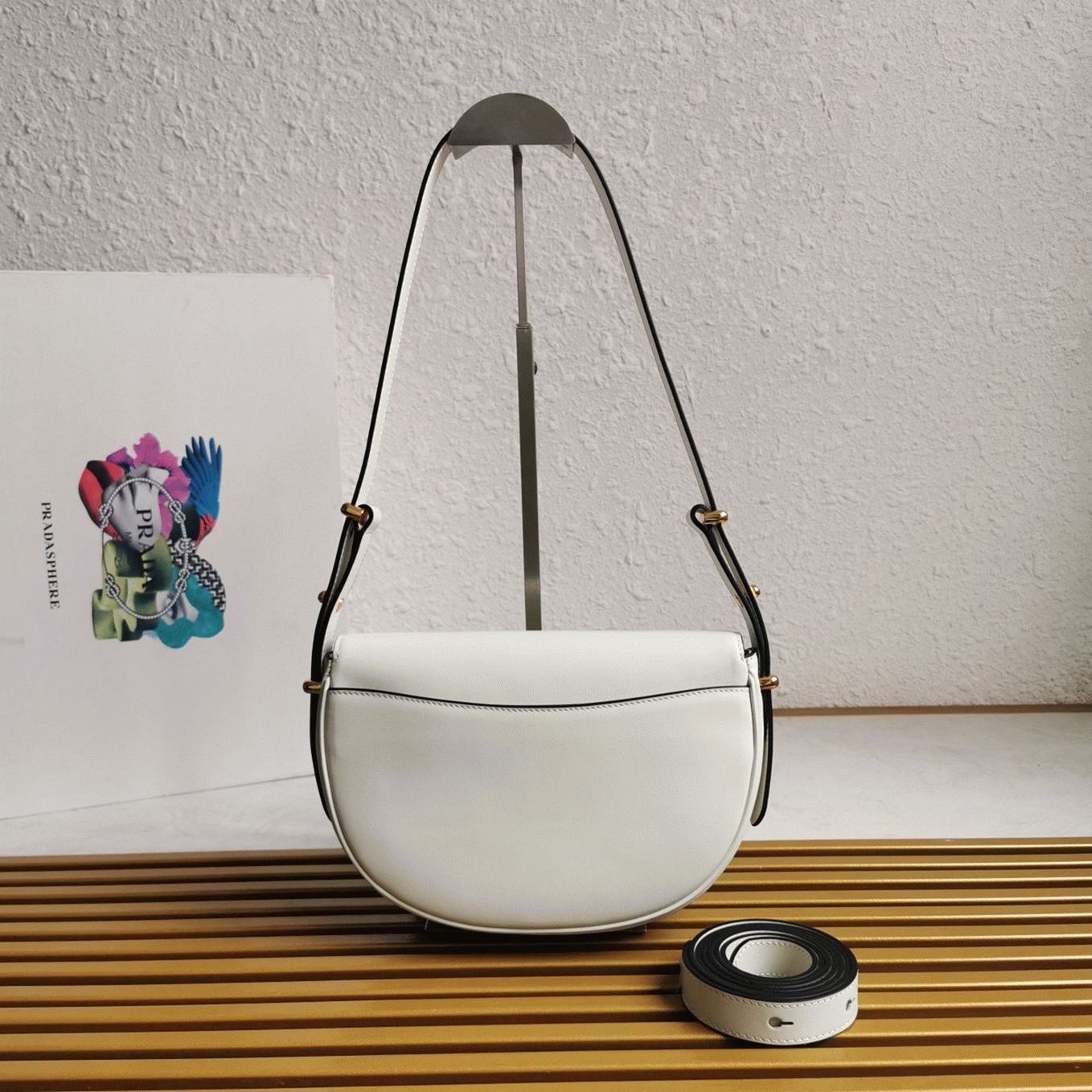 White Pra*a Arque Shoulder Bag with Flap Replica