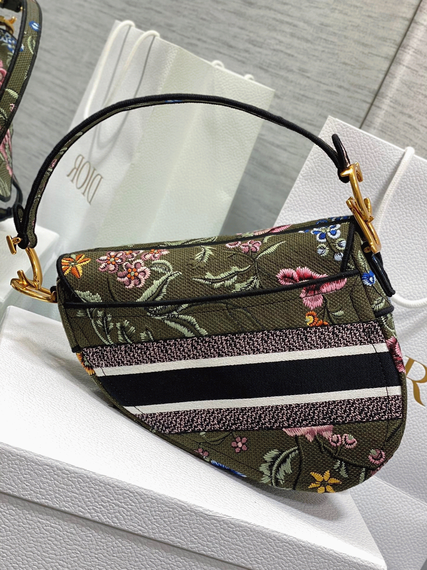 D10r Saddle Bag Knockoff in Green Multicolor D10r Petites Fleurs Embroidery
