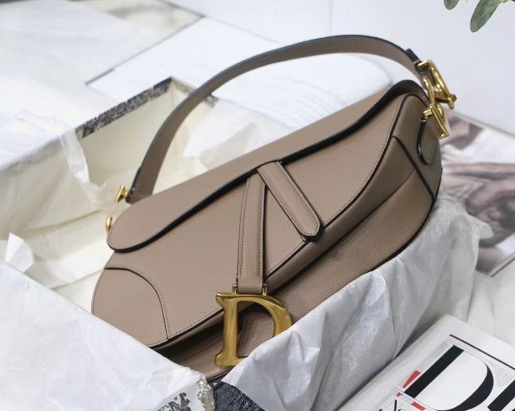 D10r Saddle Bag Fake in Warm Taupe Grained Calfskin