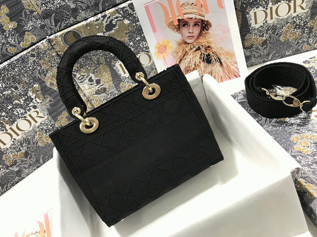 D10r Lady D-Lite Medium Bag Replica in Black Cannage Embroidered Canvas