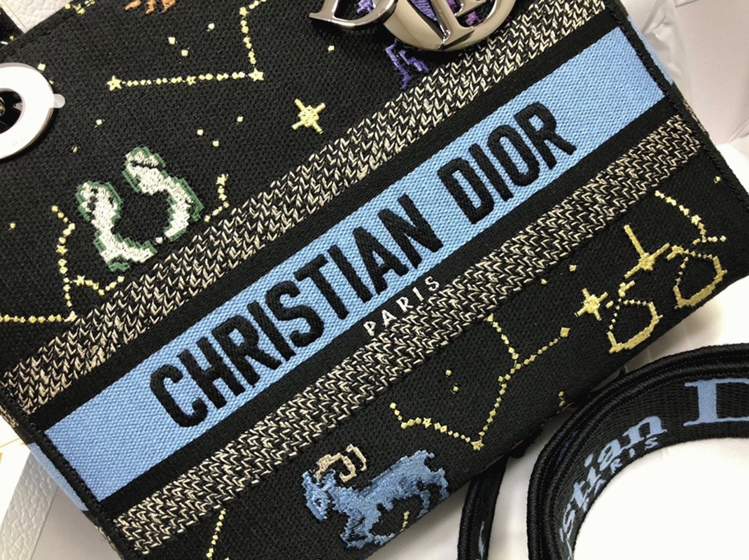 D10r Lady D-Lite Medium Bag Faux in Black Pixel Zodiac Embroidery