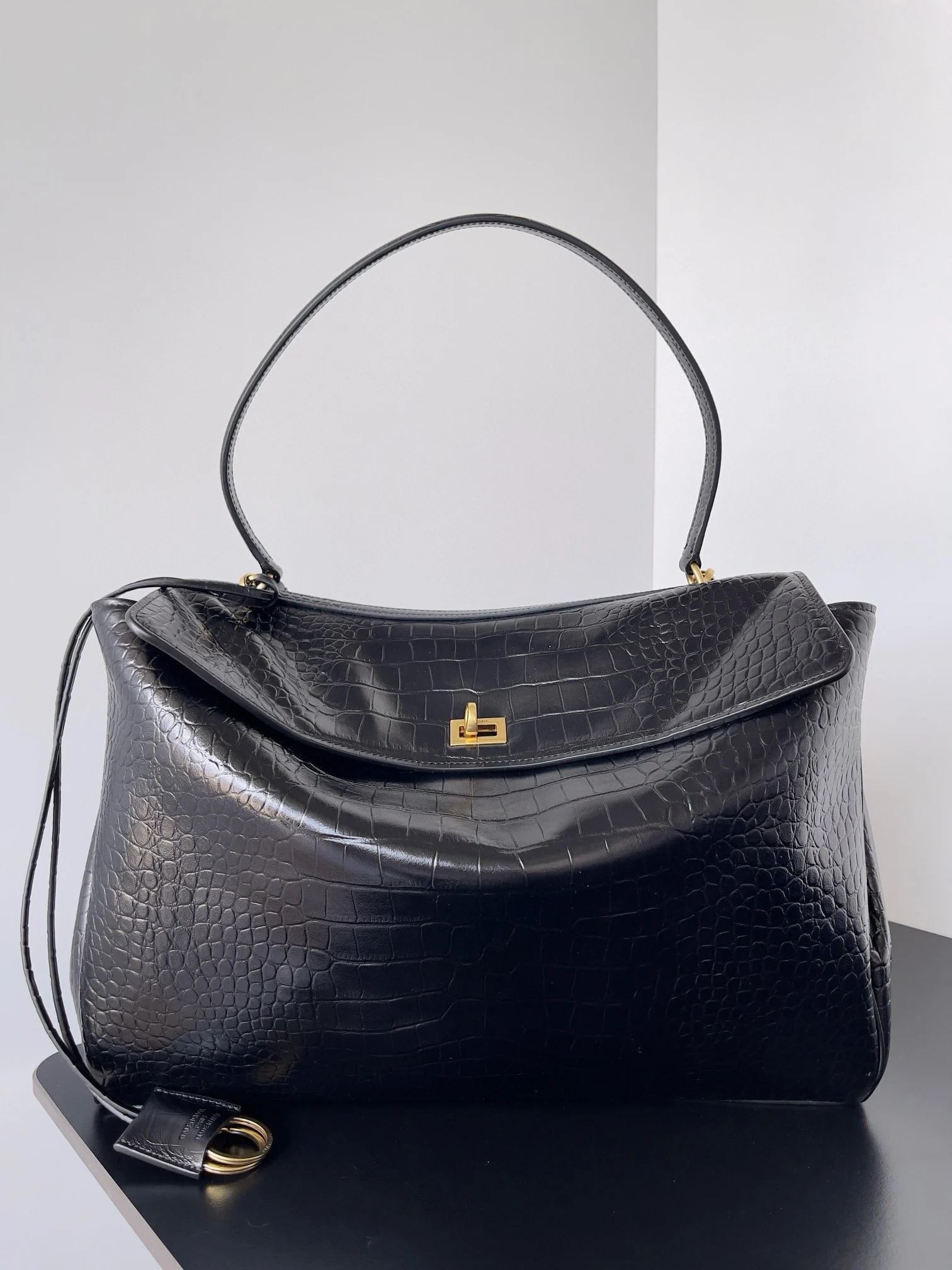 Knockoff Ba1en*iaga Rodeo Large Bag Black Crocodile Embossed Calfskin