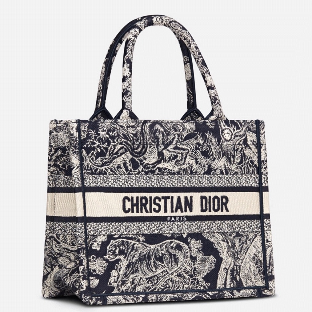 D10r Small Book Tote Bag Knockoff in Blue Toile de Jouy Reverse Embroidery