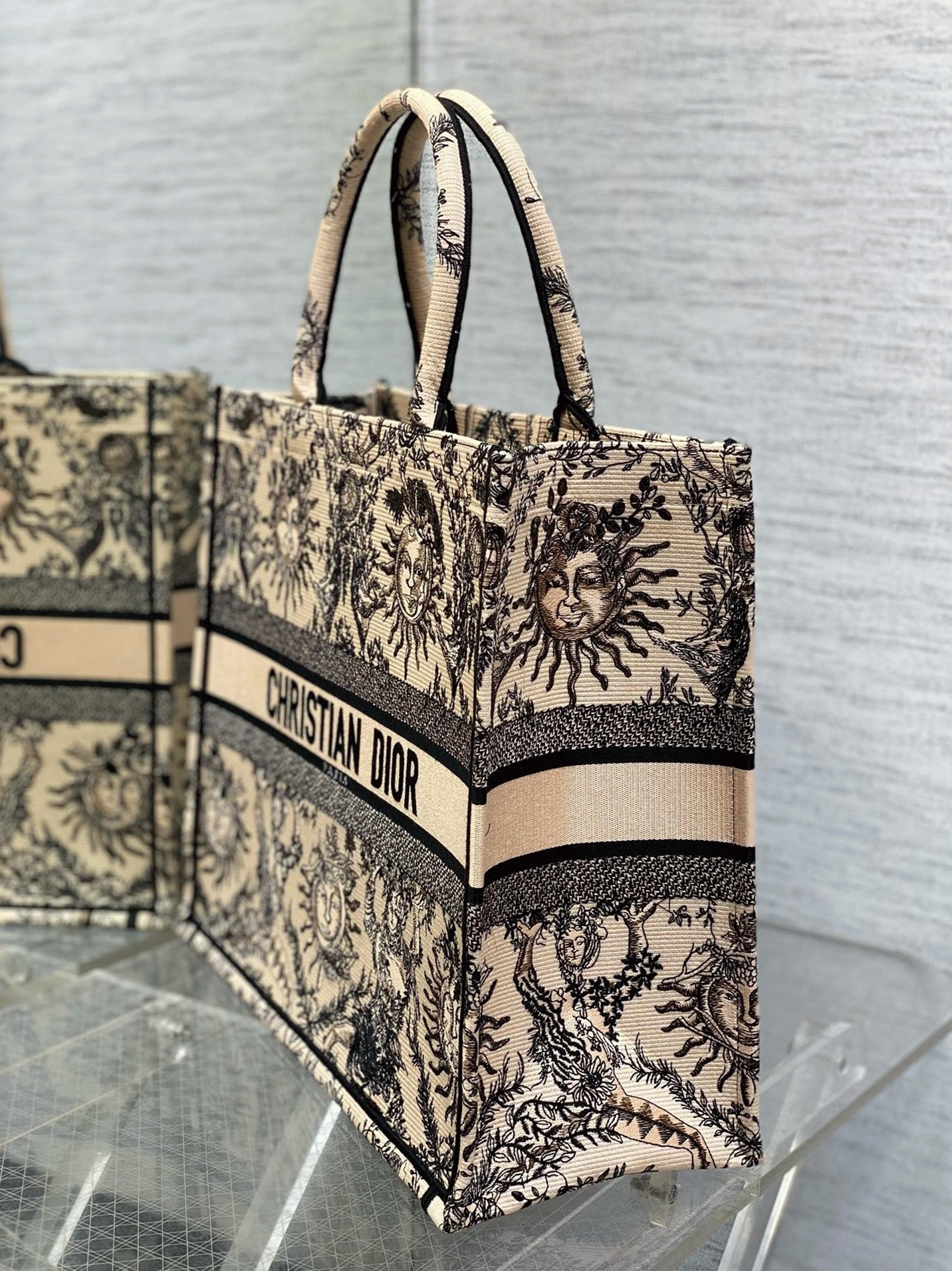 D10r Large Book Tote Bag Replica in Beige Toile de Jouy Soleil Embroidery