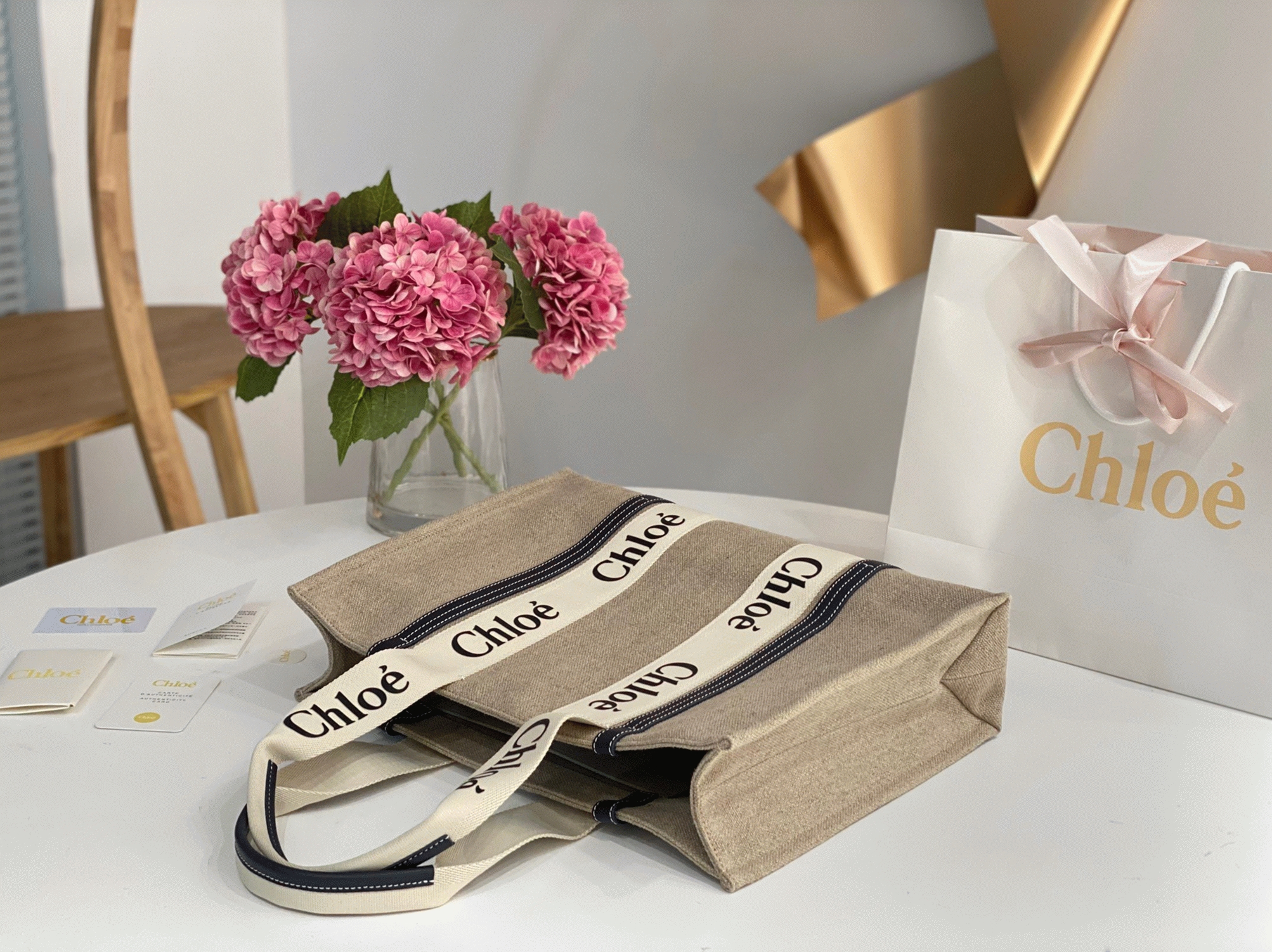 top quality fake Ch10e woody large tote bag in linen canvas with navy blue leather