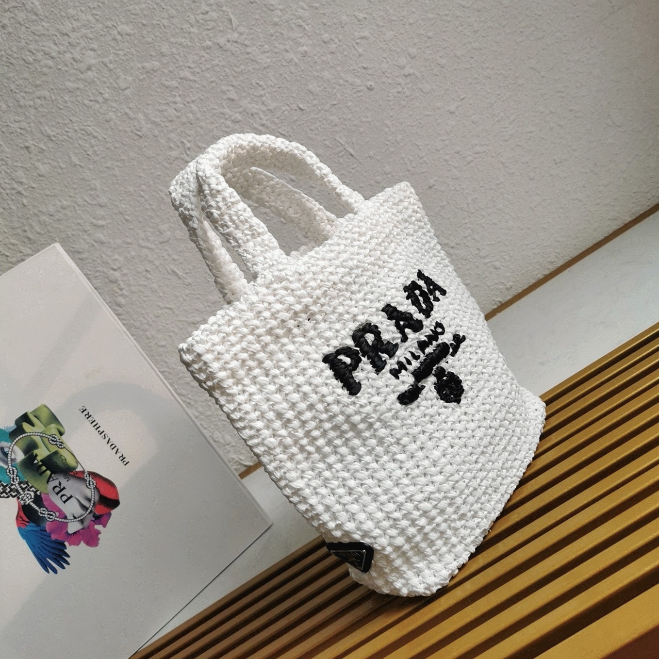 Pra*a Small Crochet Tote Bag Fake in White Raffia-effect Yarn