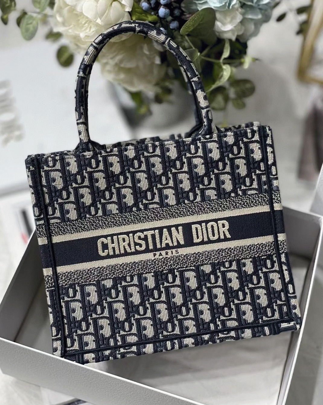 D10r Small Book Tote Bag Replica in Blue D10r Oblique Embroidery