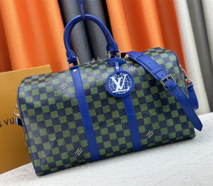 L0vis Vvtt0n Damier Heritage Canvas Keepall Bandouliere 45 In Blue Green