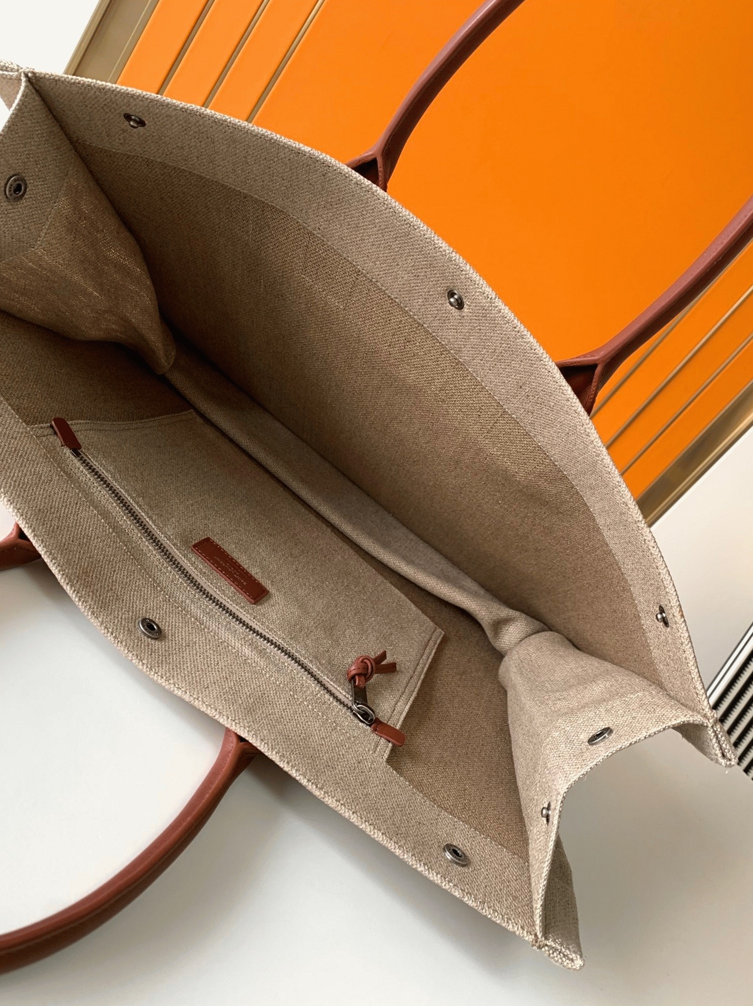 Knockoff Sa1nt Lau*nt Rive Gauche Tote Bag White Linen and Brown Leather