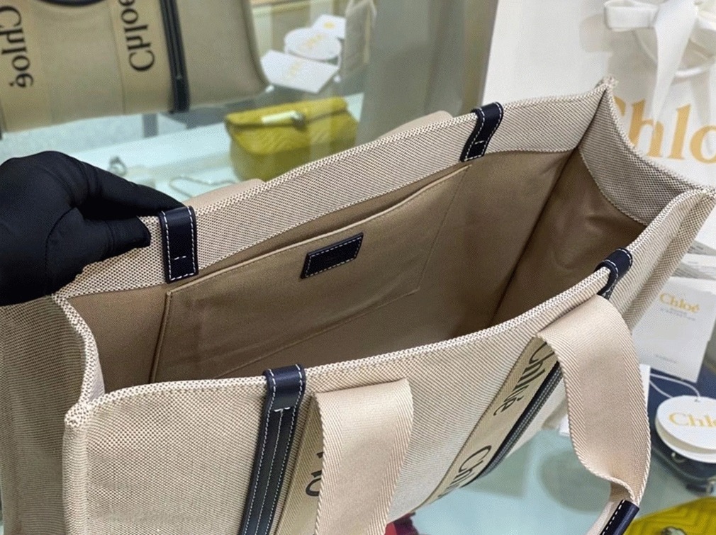 top quality replica Ch10e large woody tote bag in canvas with blue leather strips