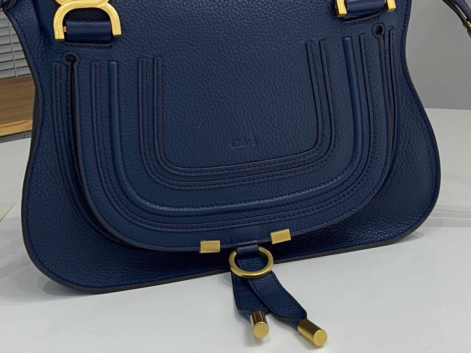 top quality fake Ch10e marcie small double carry bag in blue grained leather