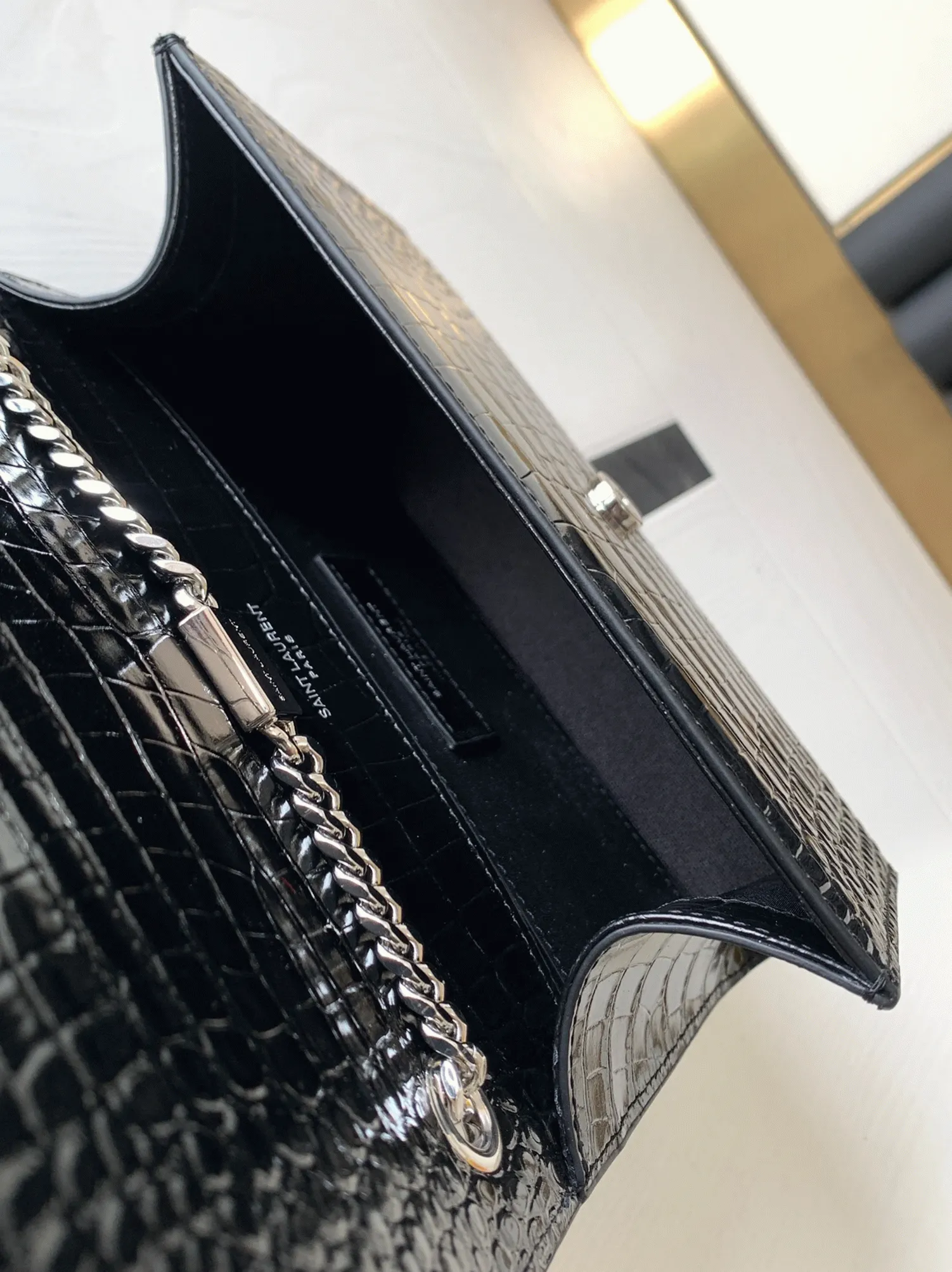 Fake Sa1nt Lau*nt Kate Small Tassel Bag Noir Crocodile-embossed Leather