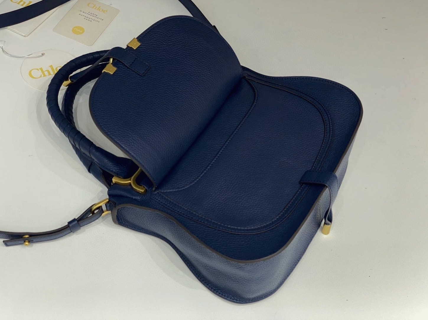top quality fake Ch10e marcie small double carry bag in blue grained leather