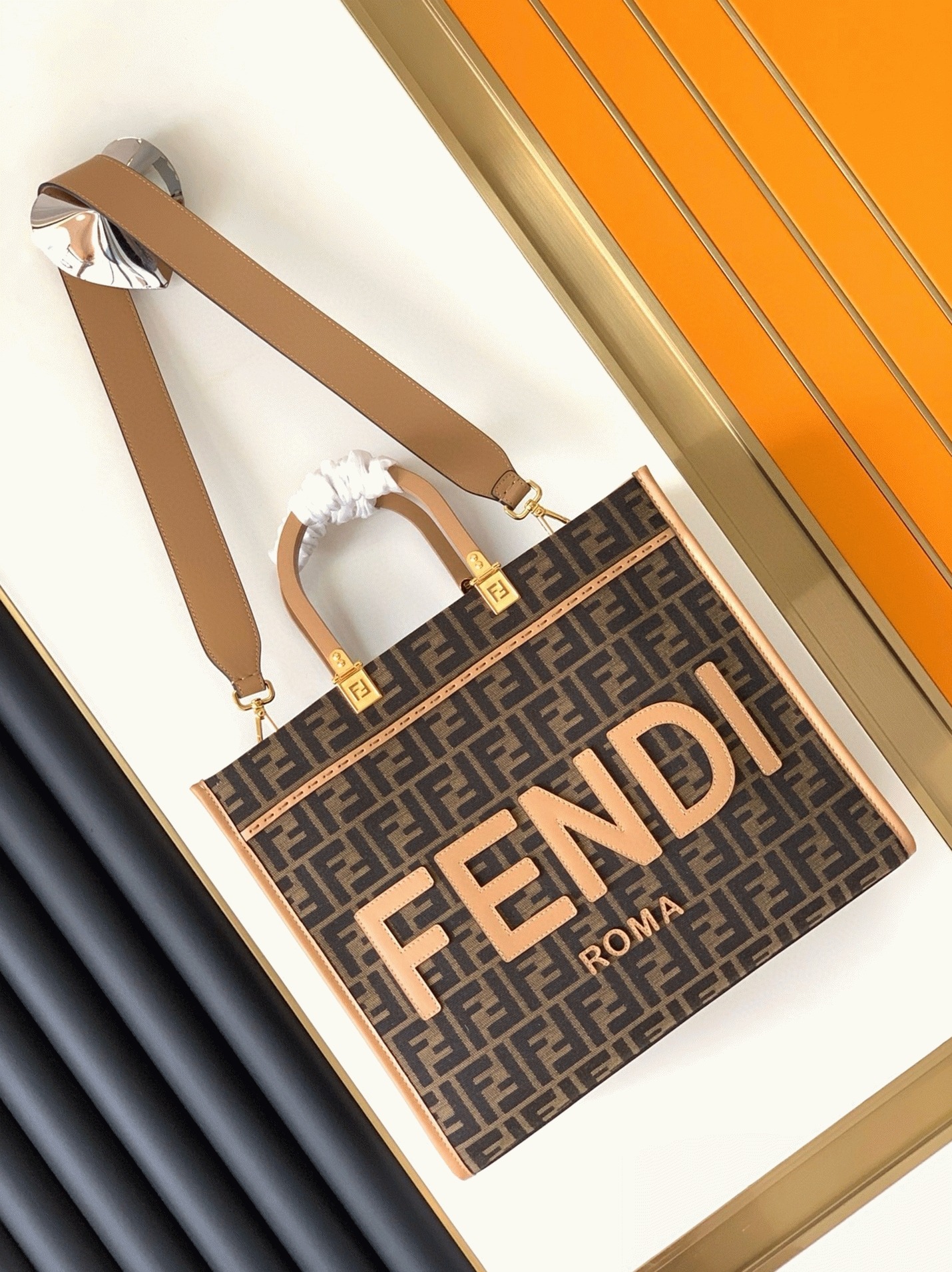 Top Quality Knockoff F**di Sunshine Medium Tote Bag in Brown FF Jacquard Fabric