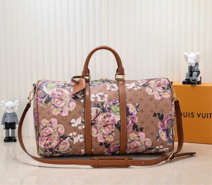 L0vis Vvtt0n Keepall Bandouliere 50 Travel Bag In Brown With Floral Pattern