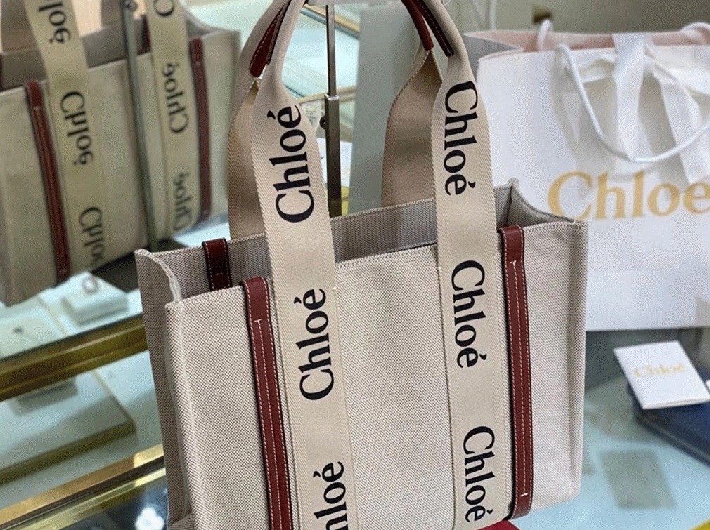 top quality faux Ch10e medium woody tote bag in canvas with brown leather strips