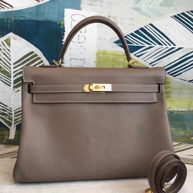 Taupe Clemence Knockoff H**me5 Kelly 35cm Soft Leather Tote
