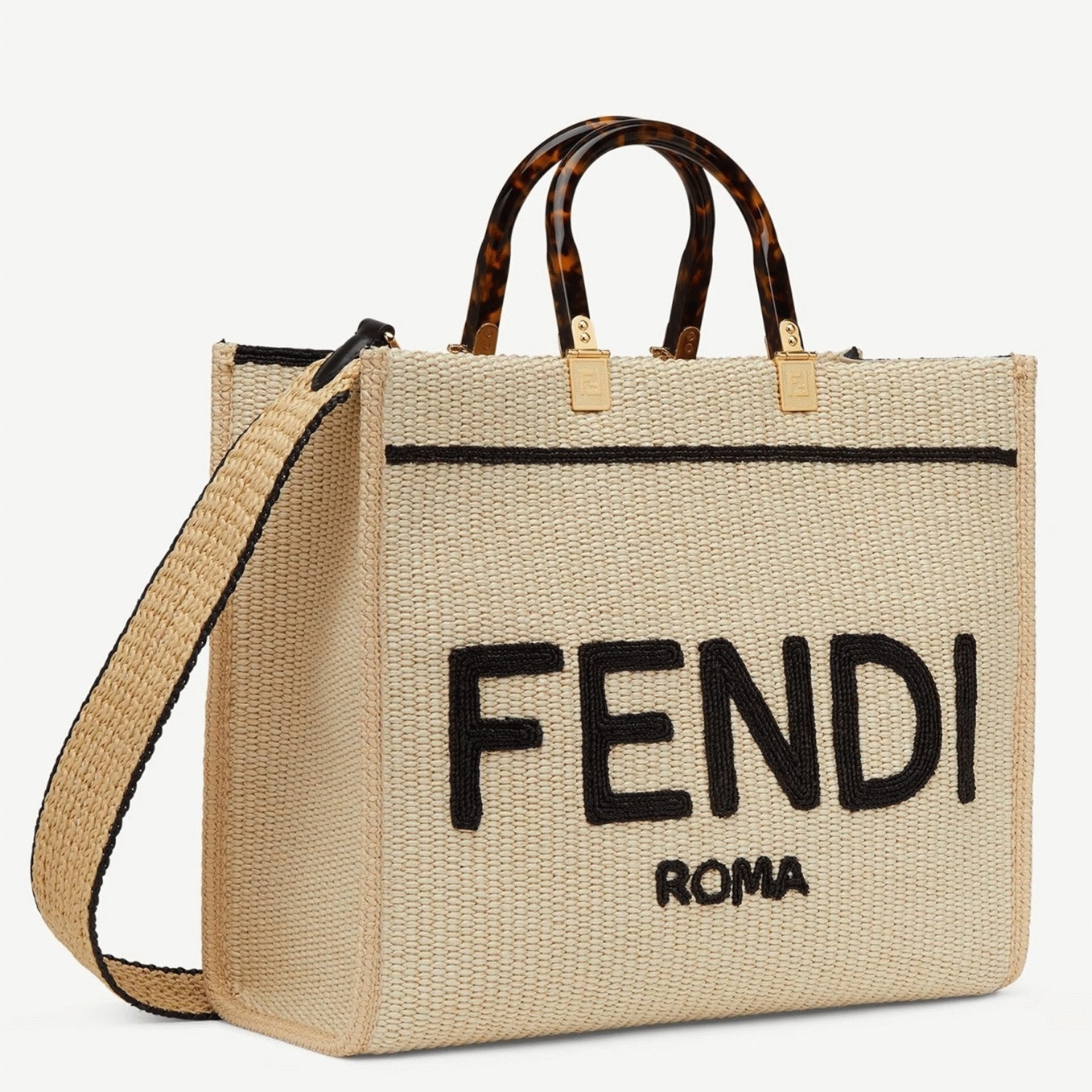 Top Quality Fake F**di Sunshine Medium Tote Bag in Black and Natural Straw