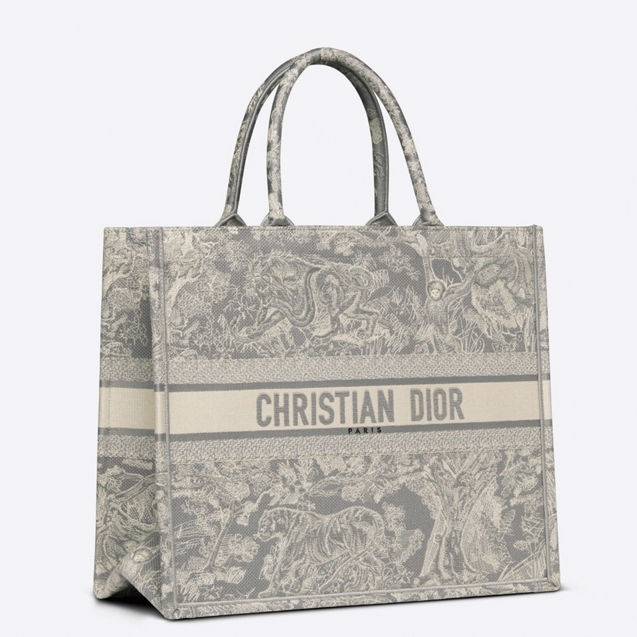 D10r Large Book Tote Bag Knockoff in Gray Toile de Jouy Reverse Embroidery
