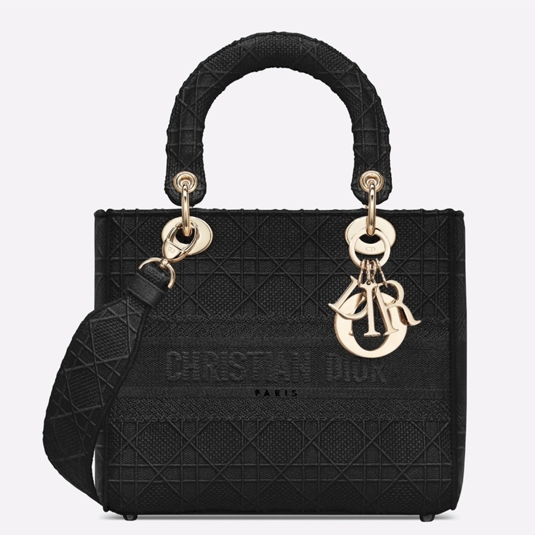 D10r Lady D-Lite Medium Bag Replica in Black Cannage Embroidered Canvas