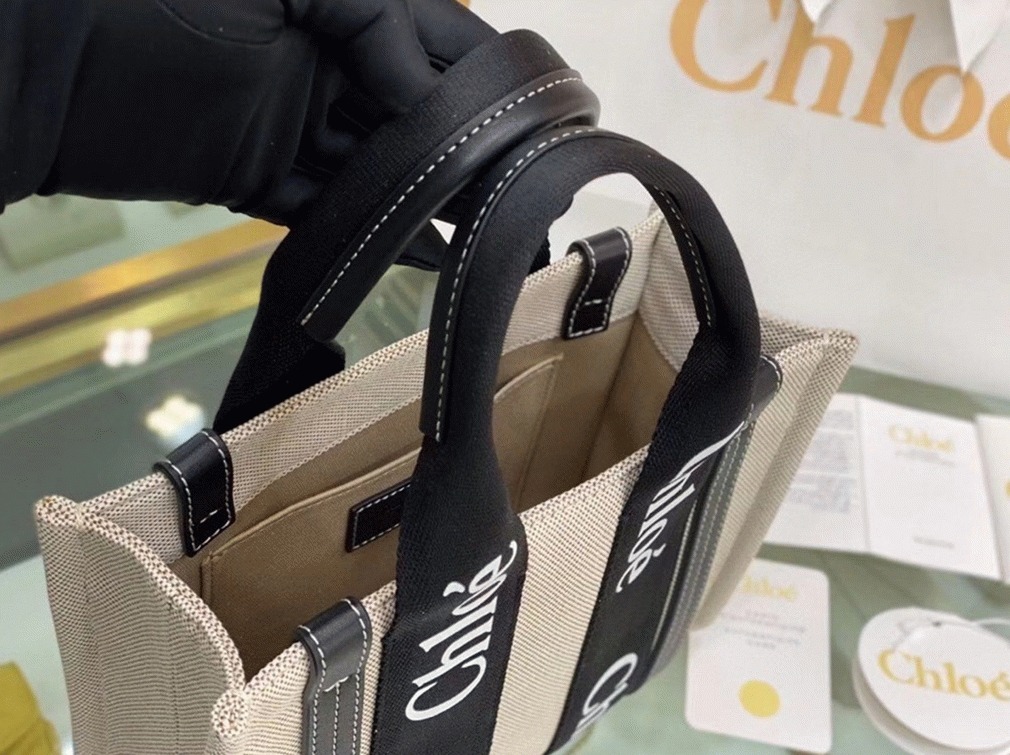top quality replica Ch10e small woody tote bag in canvas with black leather strips