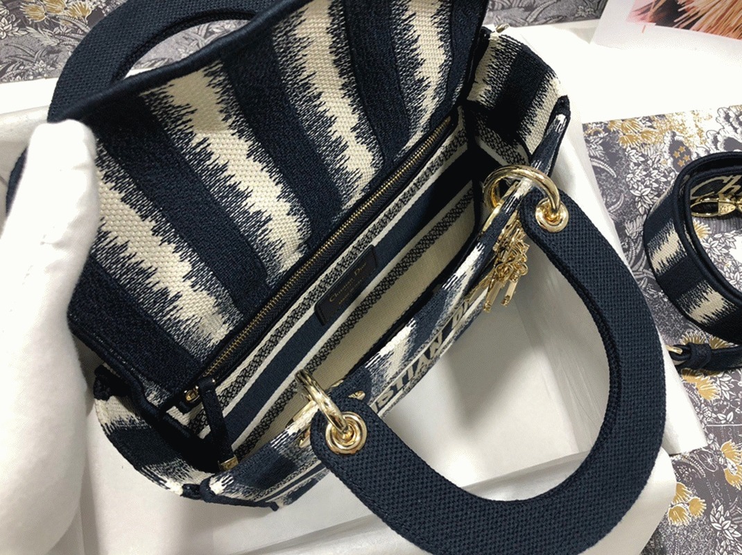 D10r Lady D-Lite Medium Bag Imitation in Blue D-Stripes Embroidery