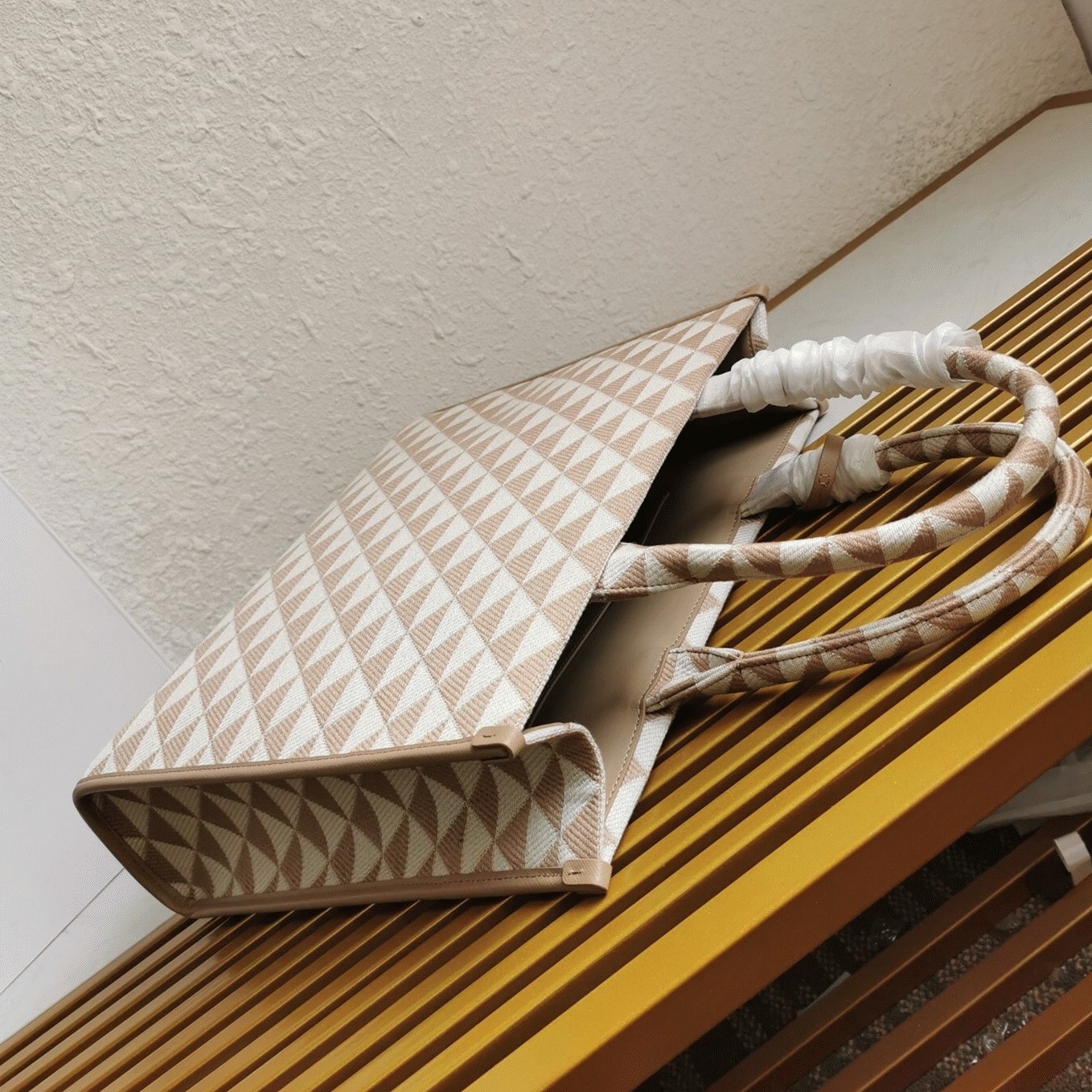 Pra*a Symbole Large Bag Knockoff in Beige/White Jacquard Fabric