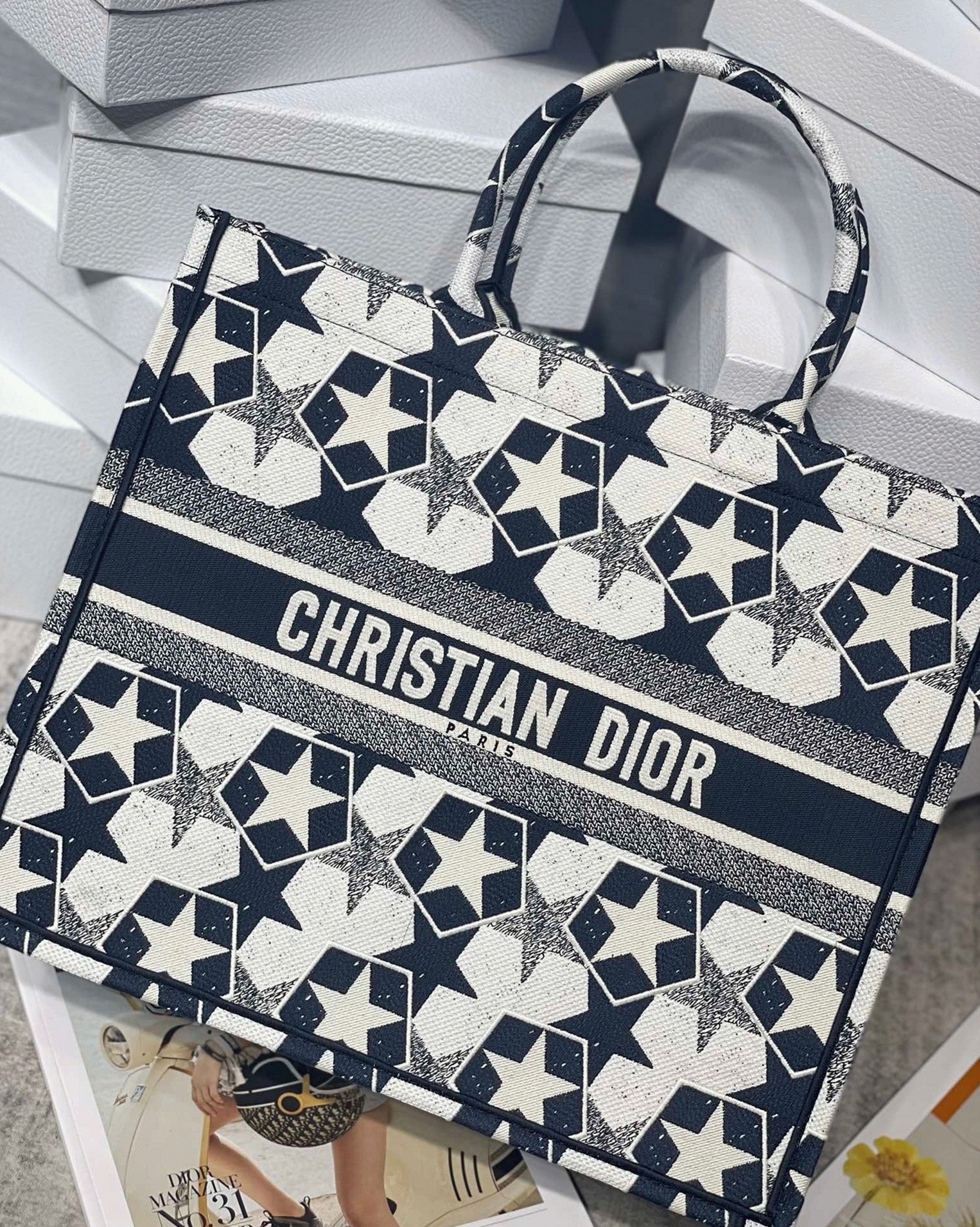 D10r Large Book Tote Bag Knockoff in Blue and White D10r Etoile Embroidery