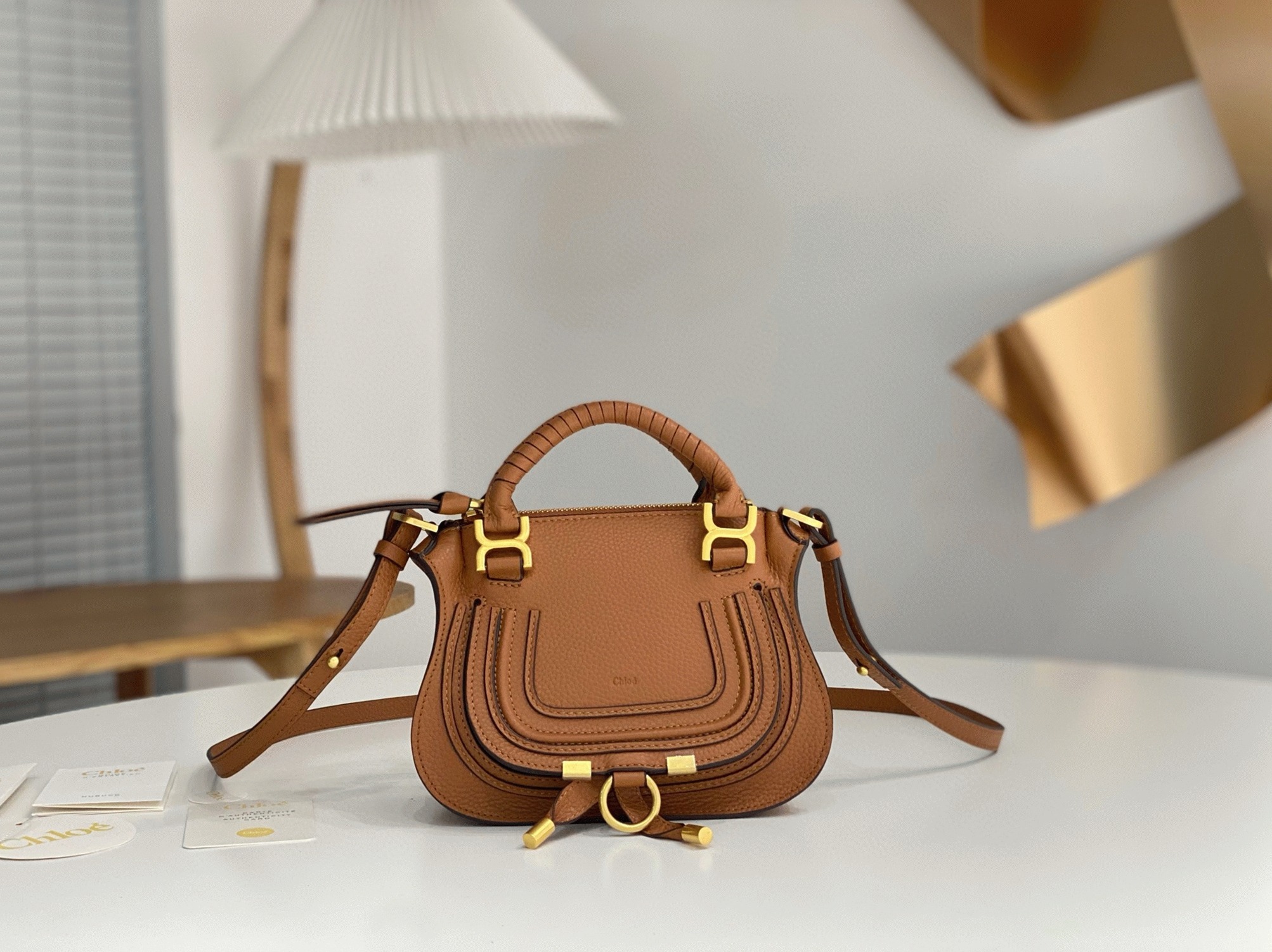 top quality replica Ch10e marcie mini double carry bag in brown grained leather