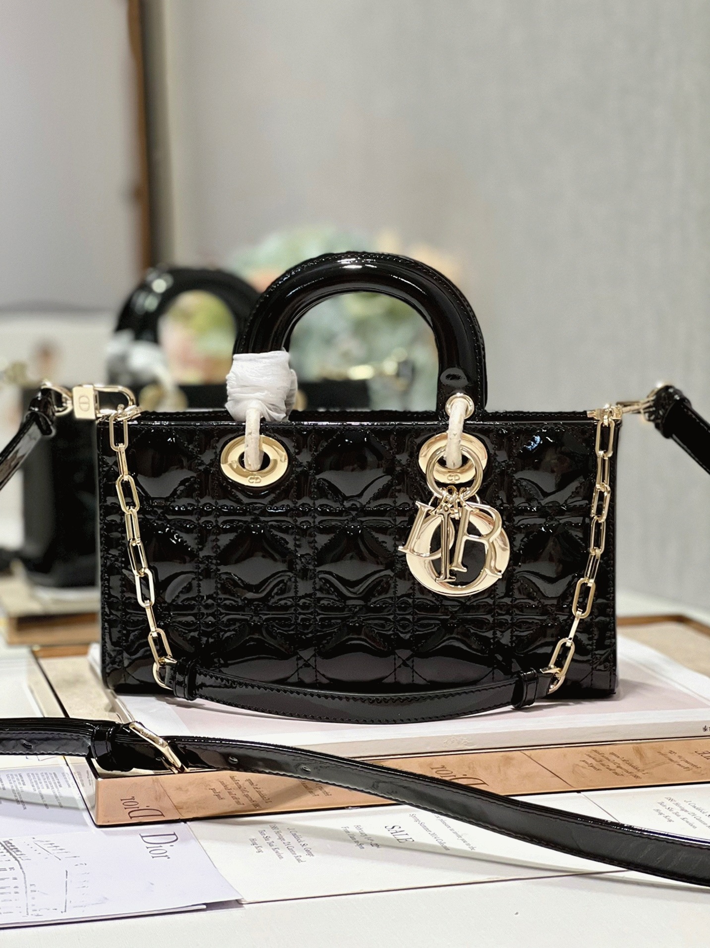 D10r Lady D-Joy Medium Bag Faux in Black Patent Cannage Calfskin