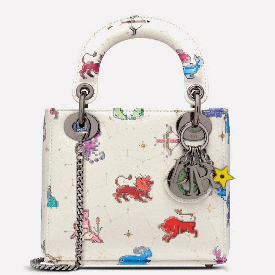 D10r Lady D10r Mini Bag Fake in White Calfskin with Pixel Zodiac Print