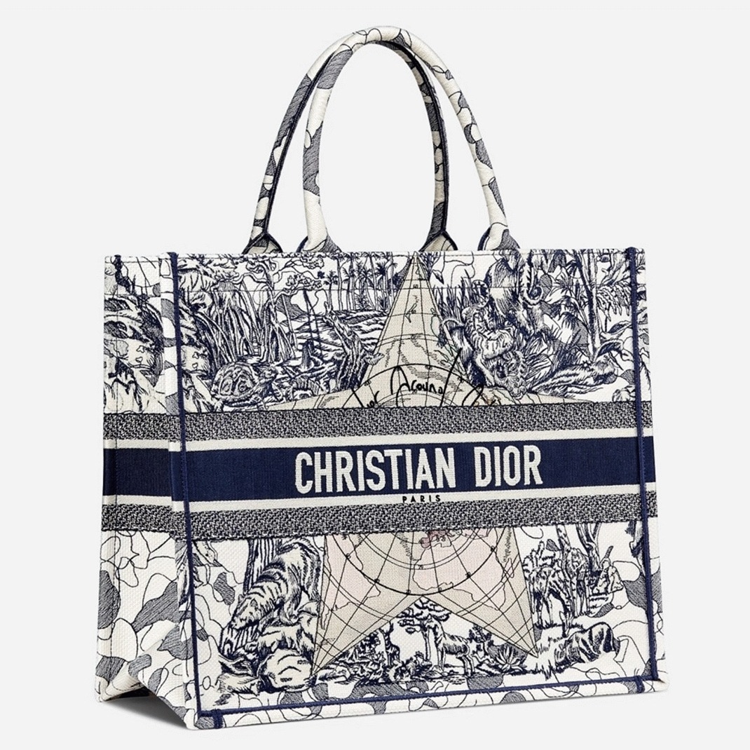 D10r Large Book Tote Bag Knockoff in Around The World Embroidered Canvas