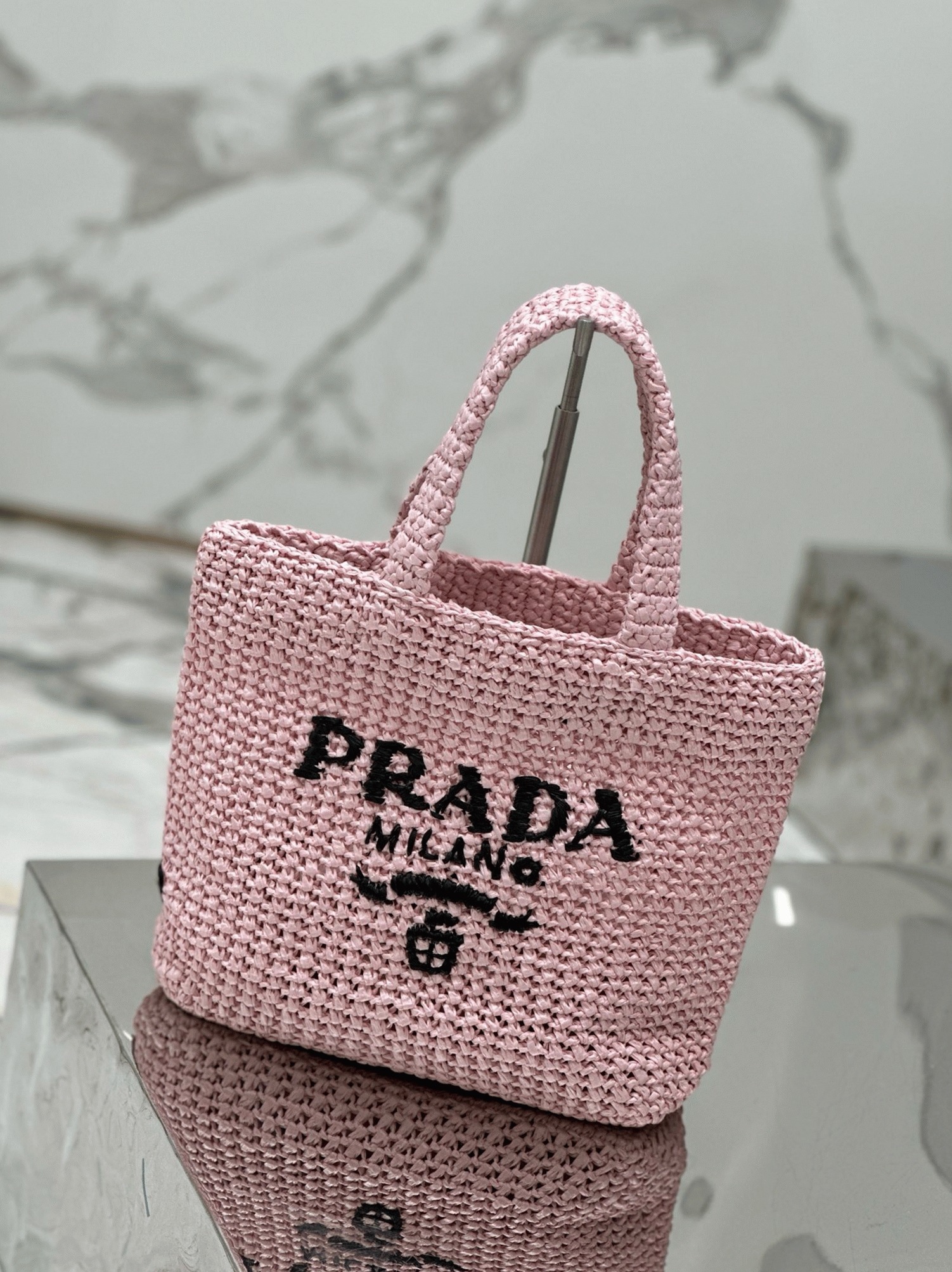Pra*a Small Crochet Tote Bag Replica in Pink Raffia-effect Yarn