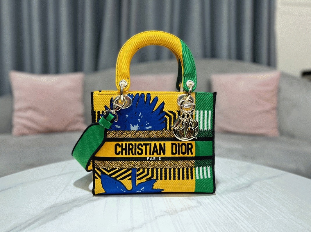 D10r Lady D-Lite Medium Bag Fake in Yellow Green D-Flower Pop Embroidery