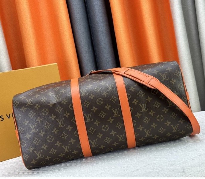 L0vis Vvtt0n Monogram Macassar Canvas Keepall Bandouliere 50 In Tangerine Orange