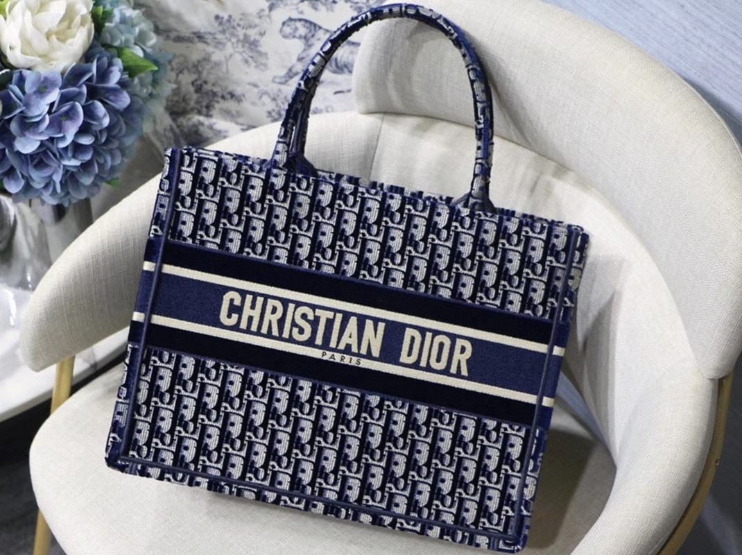D10r Medium Book Tote Bag Knockoff in Blue Velvet Oblique Embroidered