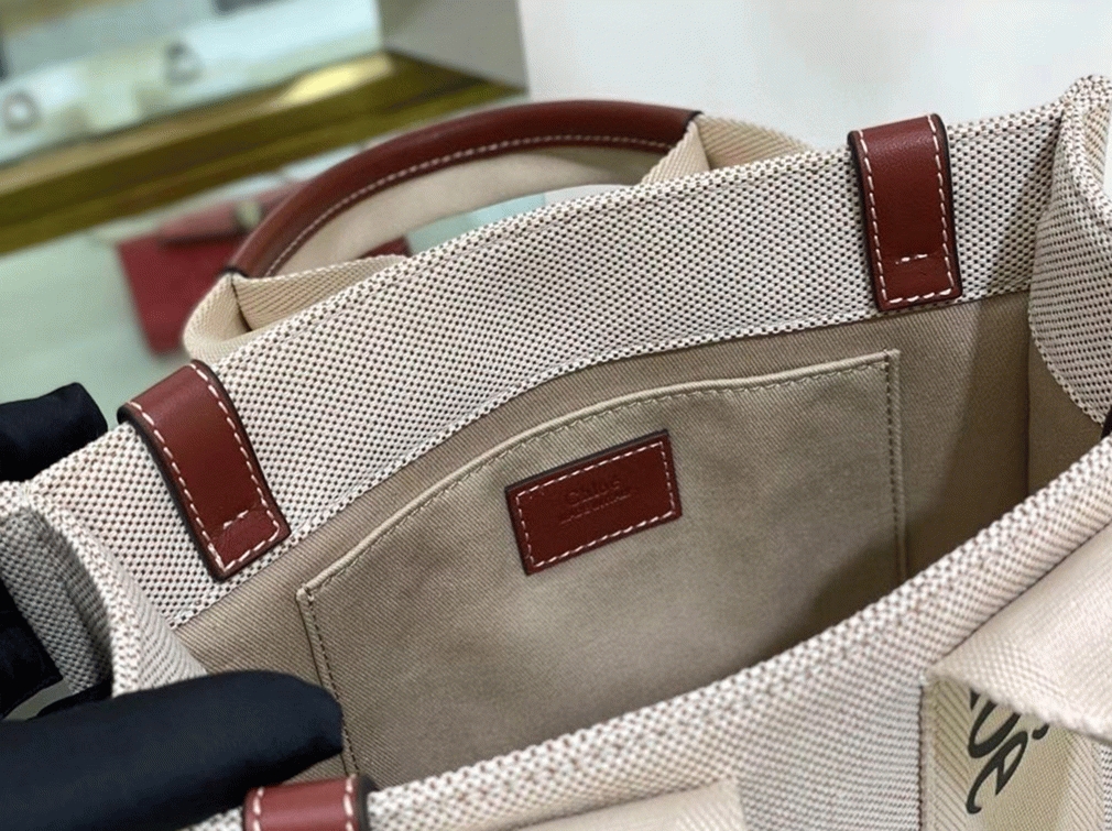 top quality replica Ch10e small woody tote bag in canvas with camel leather strips