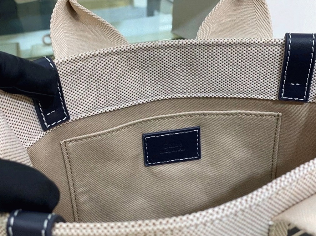top quality fake Ch10e small woody tote bag in canvas with blue leather strips